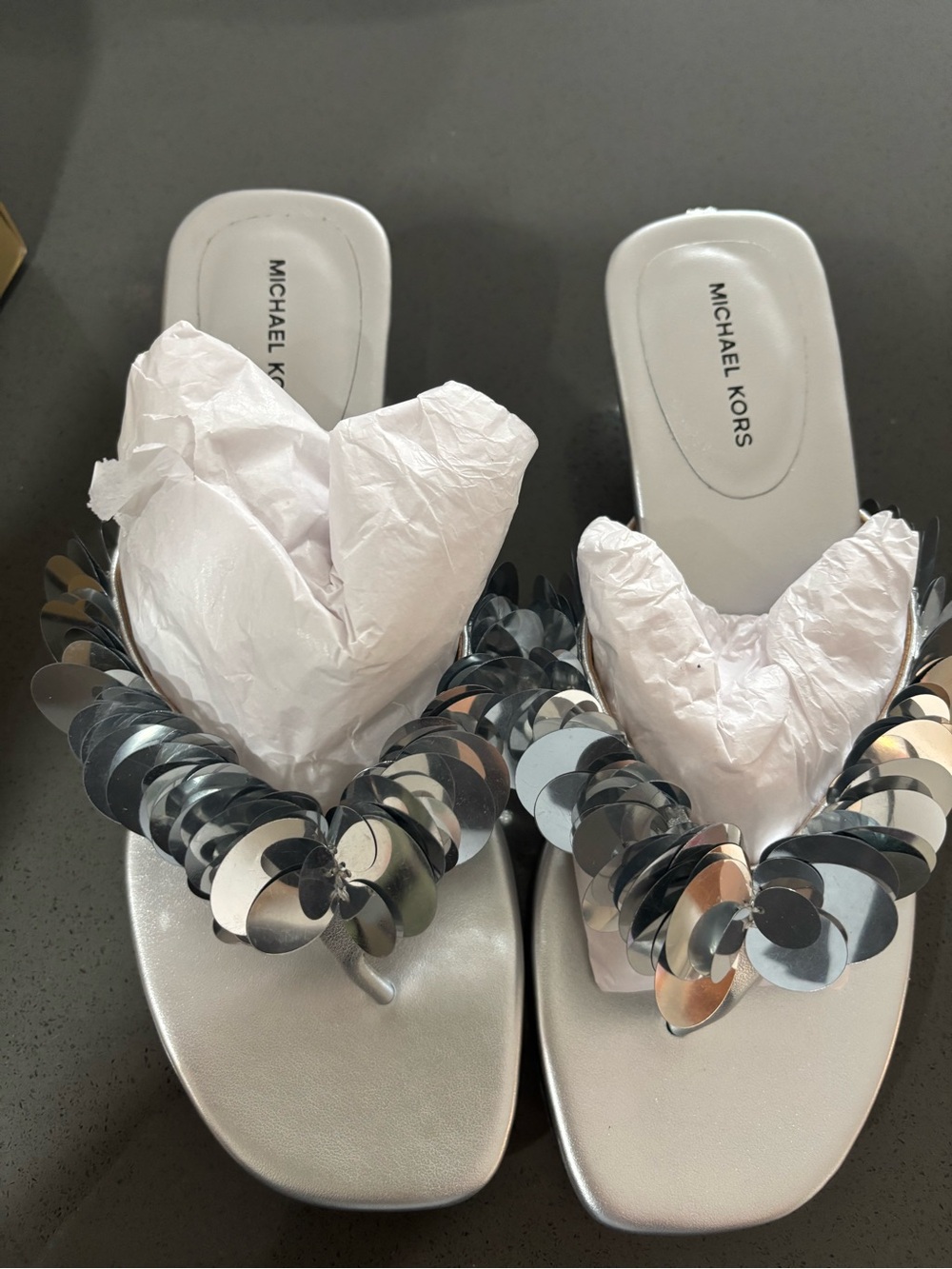 Michael Kors Silver Sequin Toe-Post Sandals with Flower Accents